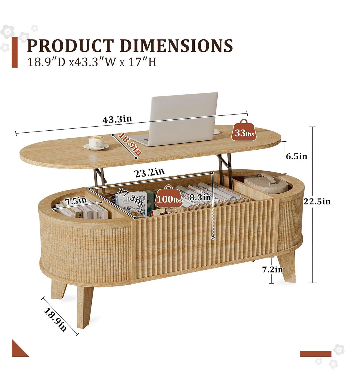 Fluted Lift Top Coffee Table for Living Room