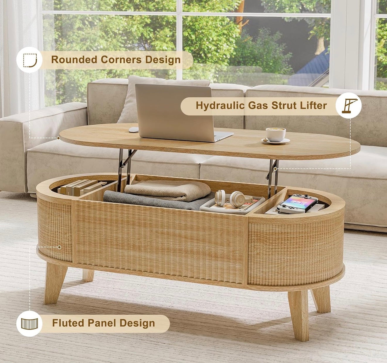 Fluted Lift Top Coffee Table for Living Room