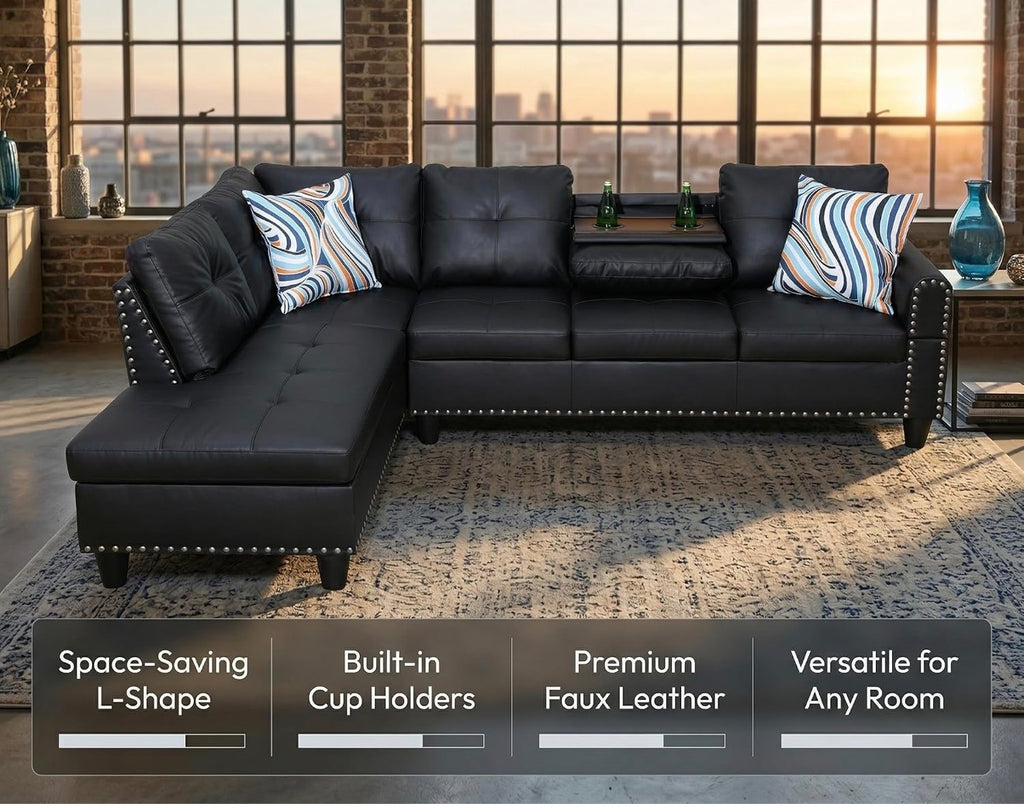 Leather Sectional Couch with Left Facing Chaise black leather nailhead trim