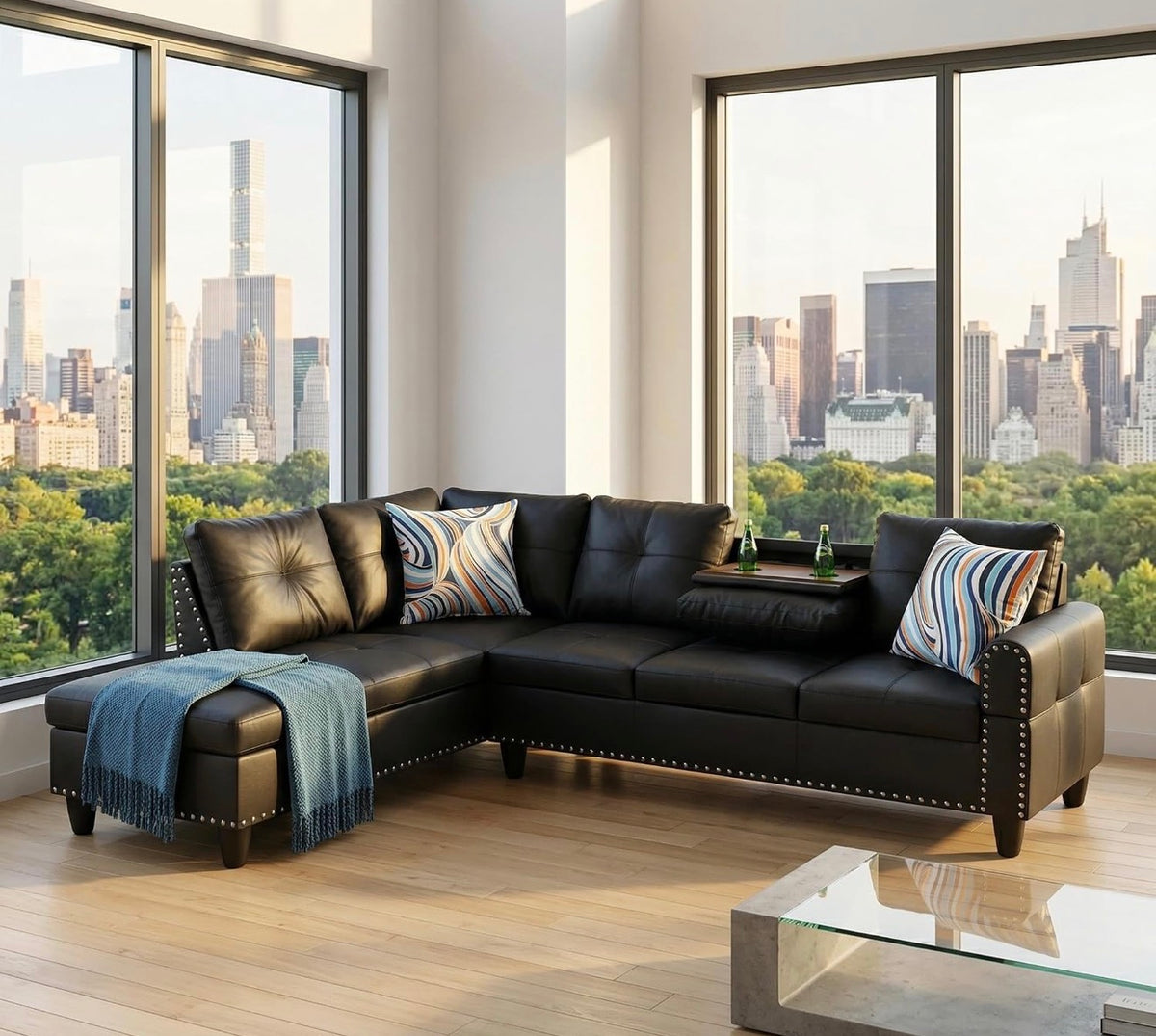 Leather Sectional Couch with Left Facing Chaise black leather nailhead trim