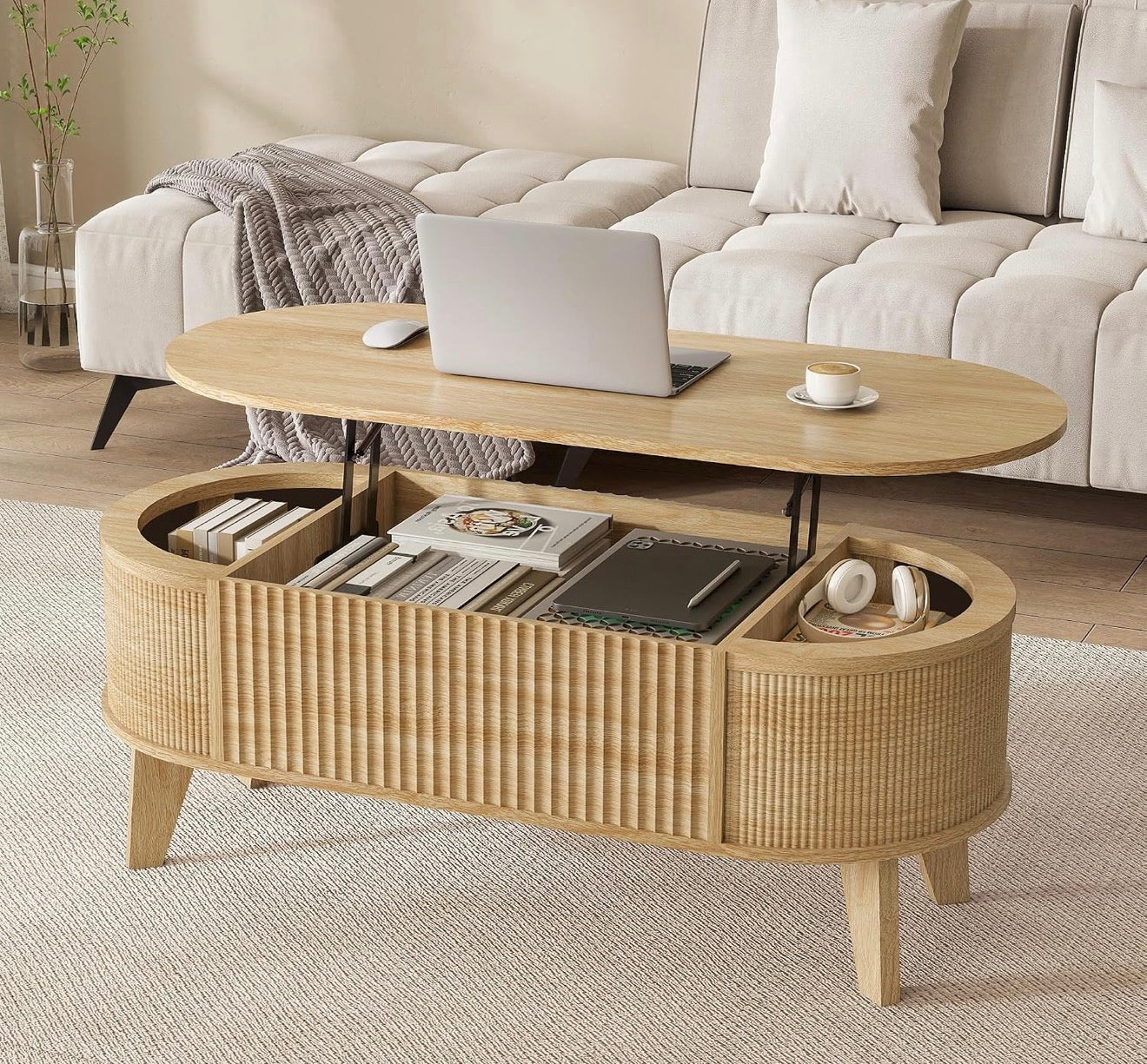Fluted Lift Top Coffee Table for Living Room