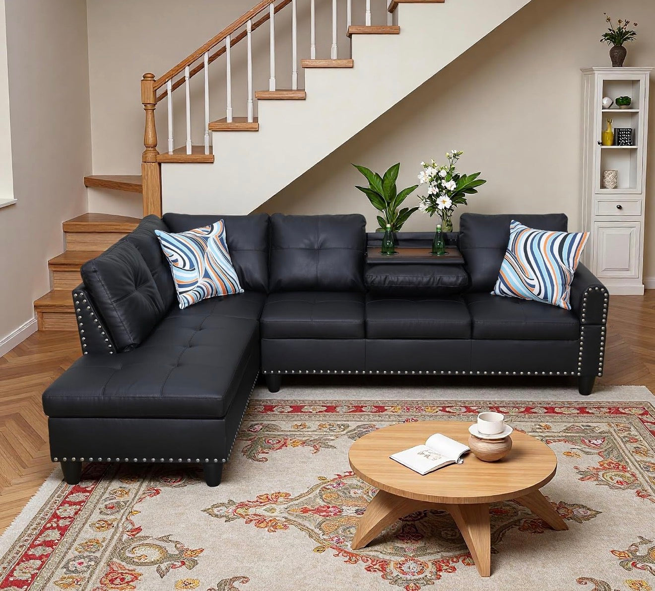 Leather Sectional Couch with Left Facing Chaise black leather nailhead trim