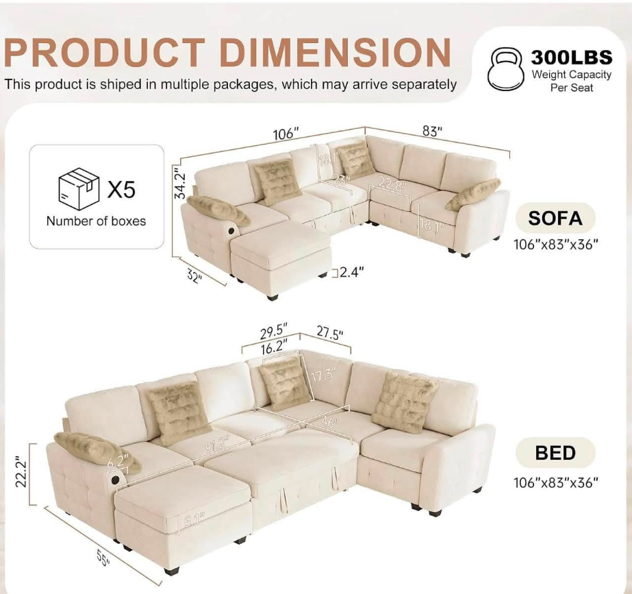 Sleeper Sectional with Pull-Out Bed & USB Ports