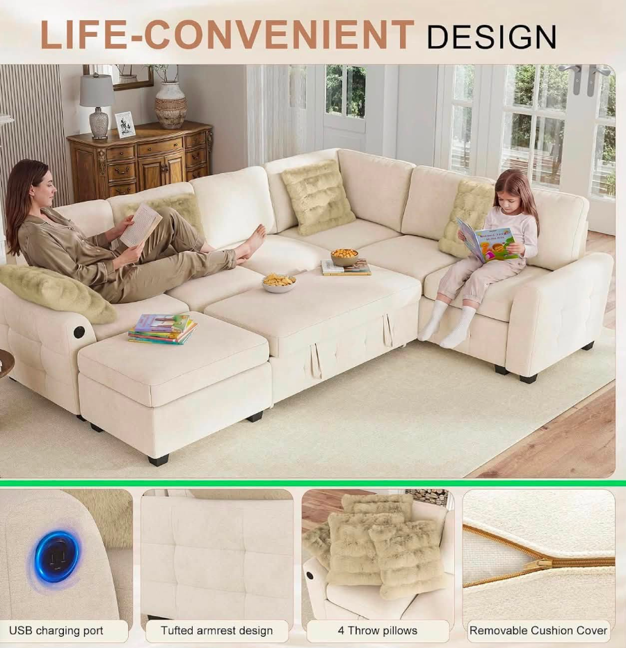Sleeper Sectional with Pull-Out Bed & USB Ports