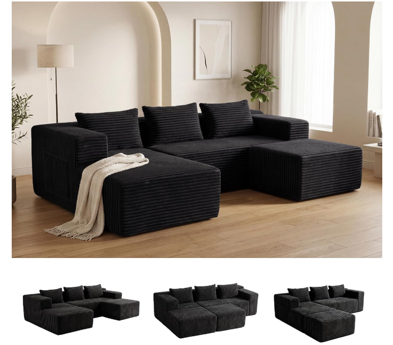 Modular Boneless U-Shaped Couches for Living Room with Side Pockets