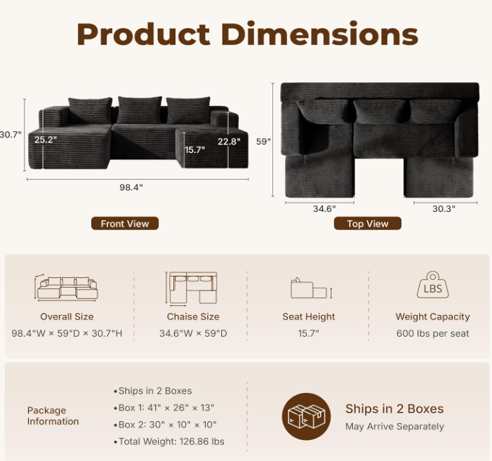 Modular Boneless U-Shaped Couches for Living Room with Side Pockets