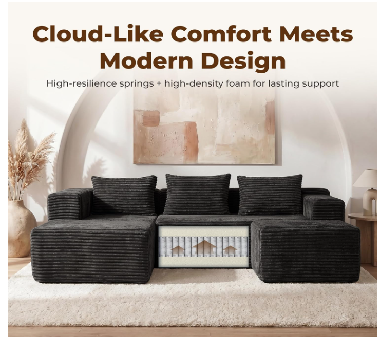 Modular Boneless U-Shaped Couches for Living Room with Side Pockets