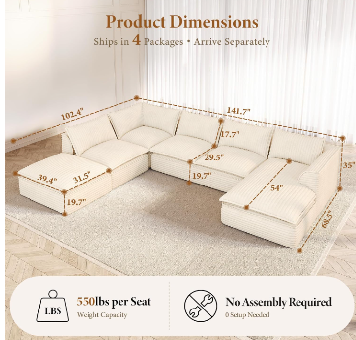 Oversized Modular Sectional Couch with Chaise & Ottoman,