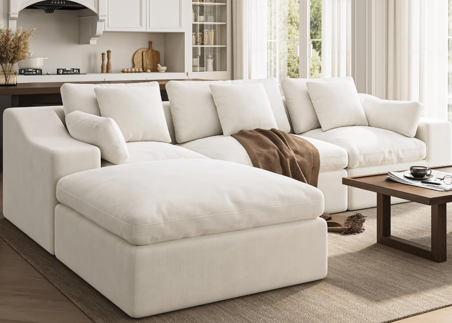 120" Oversized Cloud Couch, Modular Sectional Couches for Large Living Room (Warm White, 3 Seater + 1 Ottoman)