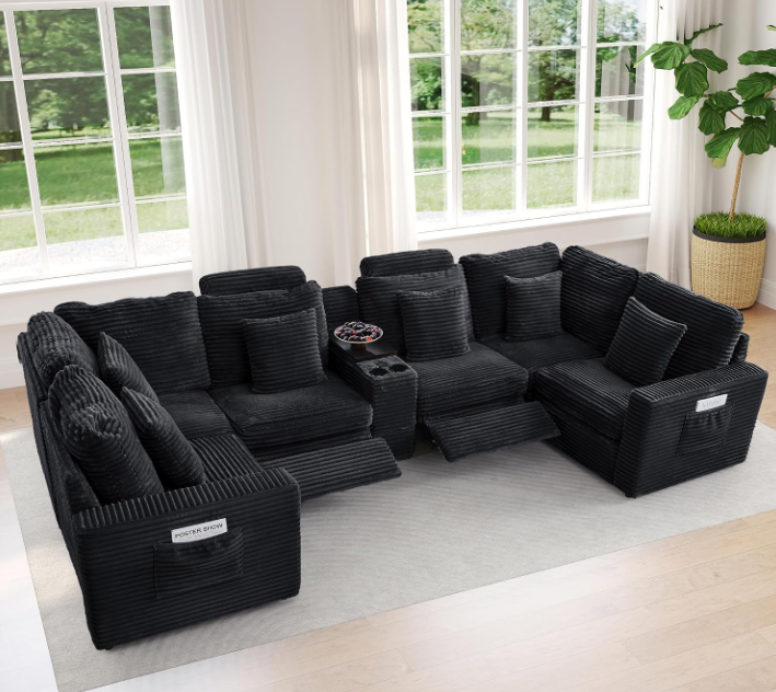 Power Recliner Sectional Sofa, U Shaped Couch with 2 Recliners and Console