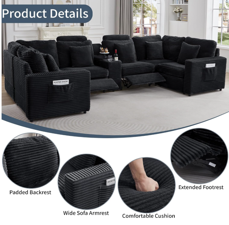 Power Recliner Sectional Sofa, U Shaped Couch with 2 Recliners and Console