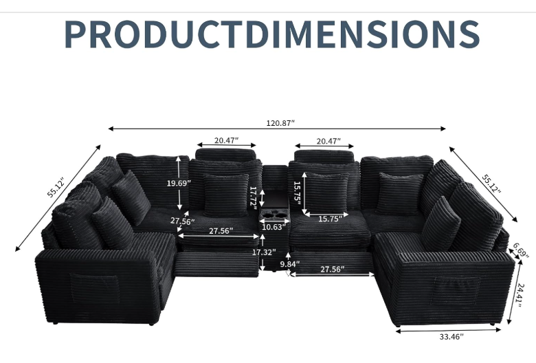 Power Recliner Sectional Sofa, U Shaped Couch with 2 Recliners and Console