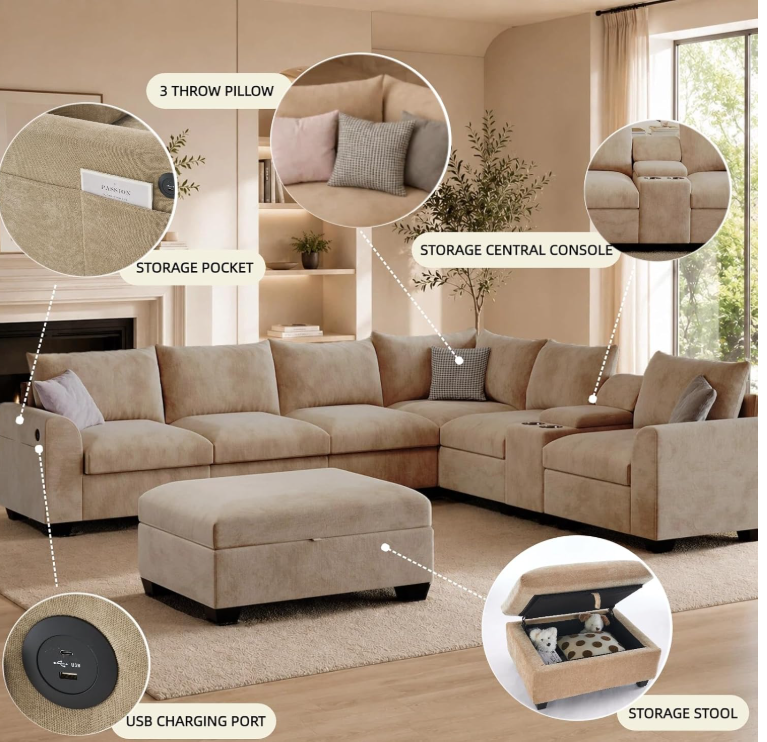 L shaped Sectional Couch  with Central Console 7 Seater
