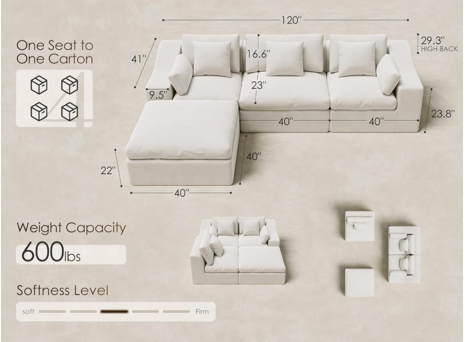 120" Oversized Cloud Couch, Modular Sectional Couches for Large Living Room (Warm White, 3 Seater + 1 Ottoman)