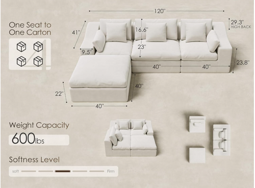 120" Oversized Cloud Couch, Modular Sectional Couches for Large Living Room (Warm White, 3 Seater + 1 Ottoman)